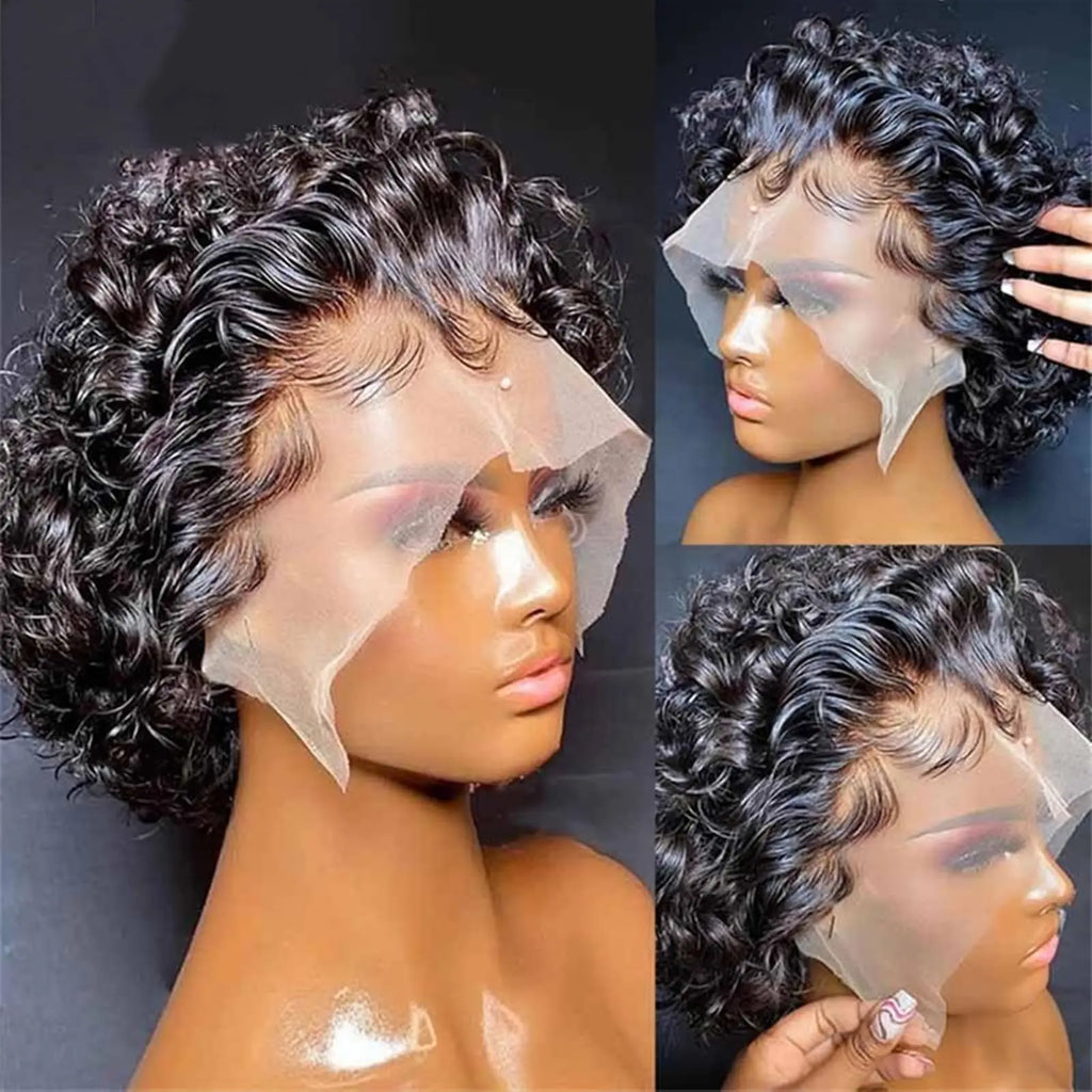 Curly Pixie Cut Lace Front Wig – 13x4 Transparent Human Hair Short Bob, 200% Density