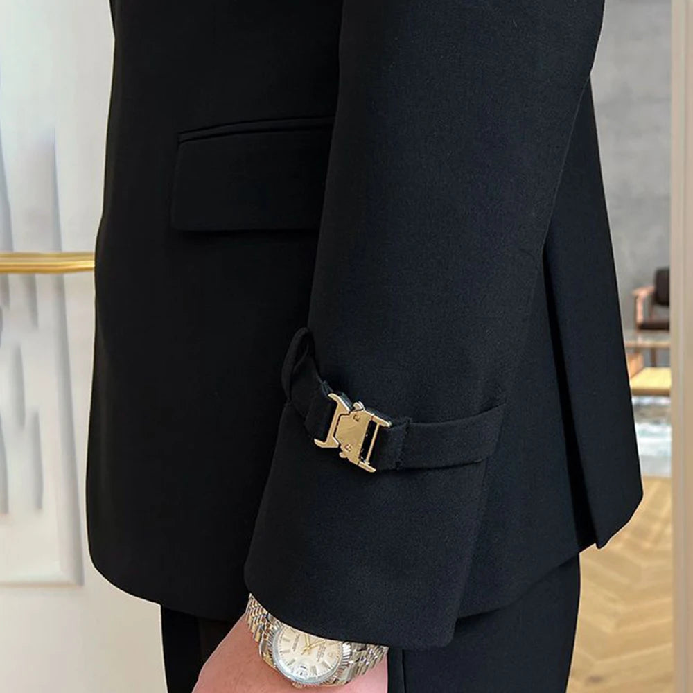 Elegant British Style Double-Breasted Black Suit Jacket for Men