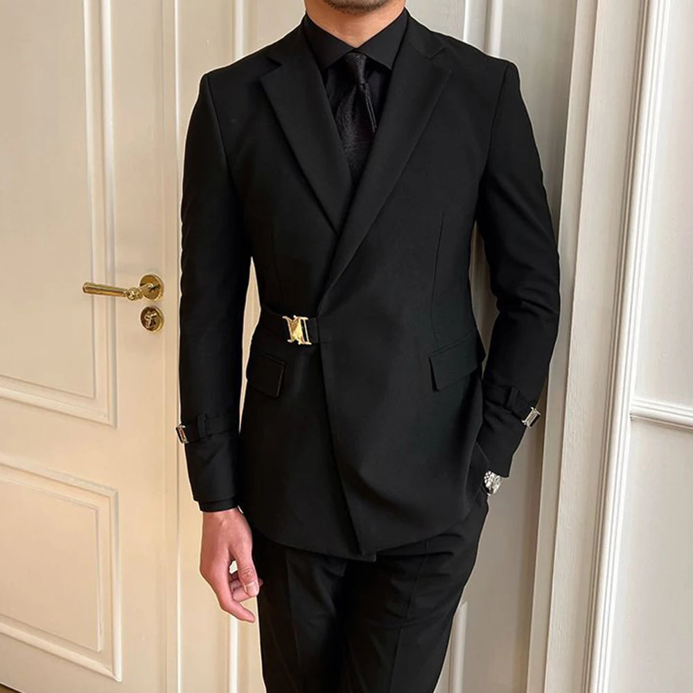 Elegant British Style Double-Breasted Black Suit Jacket for Men