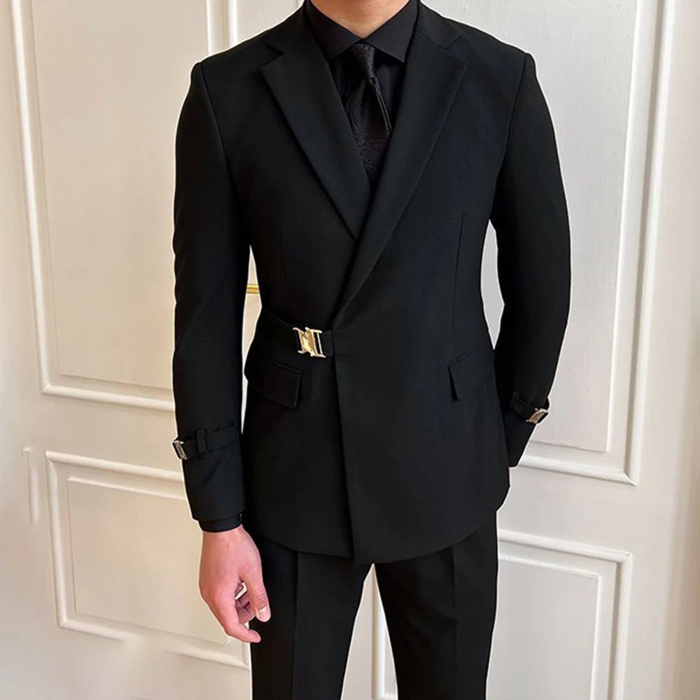 Elegant British Style Double-Breasted Black Suit Jacket for Men