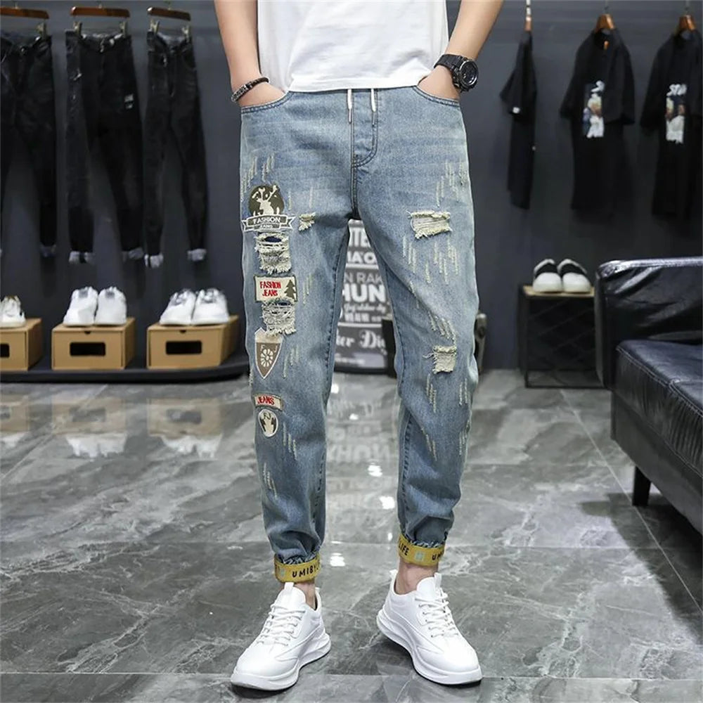 Ripped Patchwork Men's Jeans – Streetwear Biker Style Denim Trousers