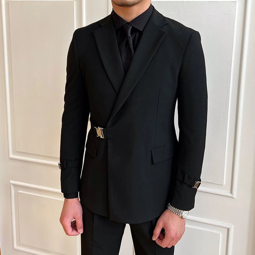 Elegant British Style Double-Breasted Black Suit Jacket for Men