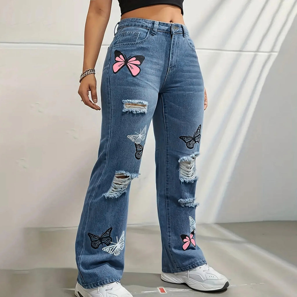 Oversized Butterfly Print Boyfriend Jeans – High Waist, Wide Leg Distressed Denim for Women