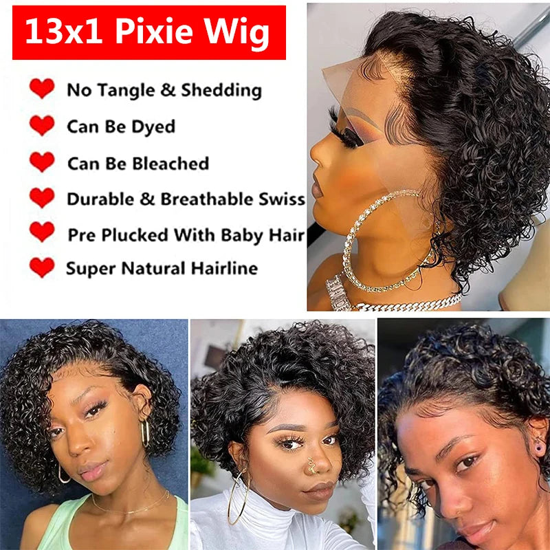 13x1 Curly Lace Front Pixie Cut Wig – Brazilian Human Hair Wig for Women