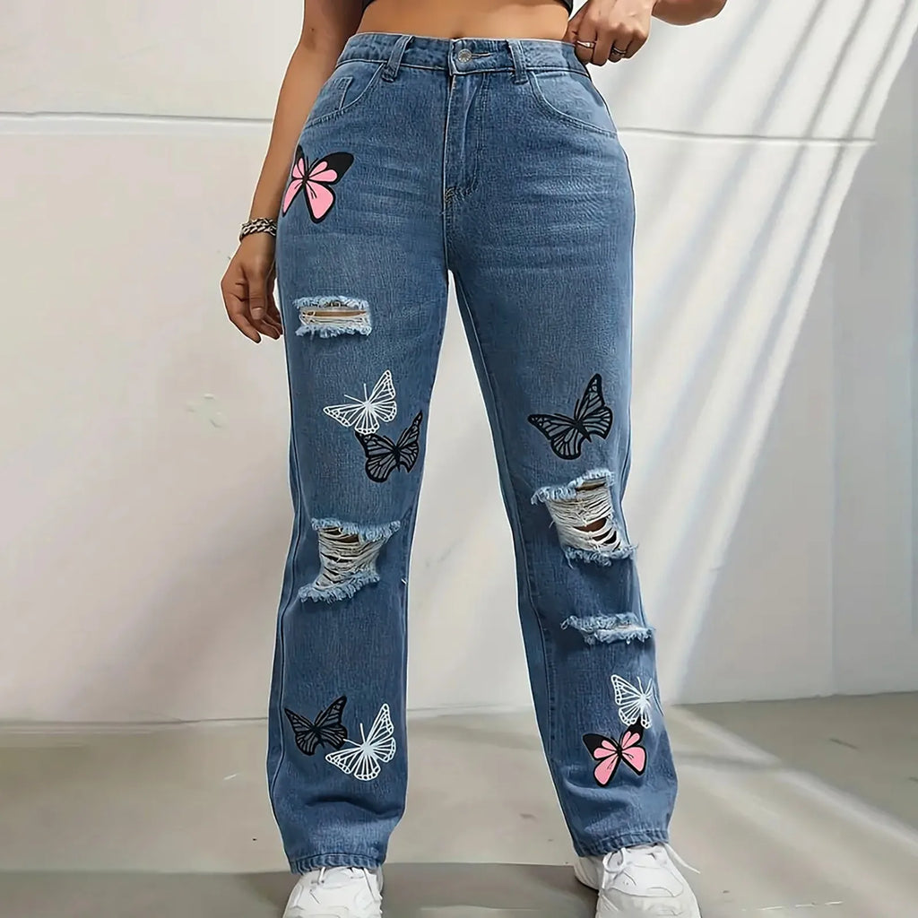 Oversized Butterfly Print Boyfriend Jeans – High Waist, Wide Leg Distressed Denim for Women