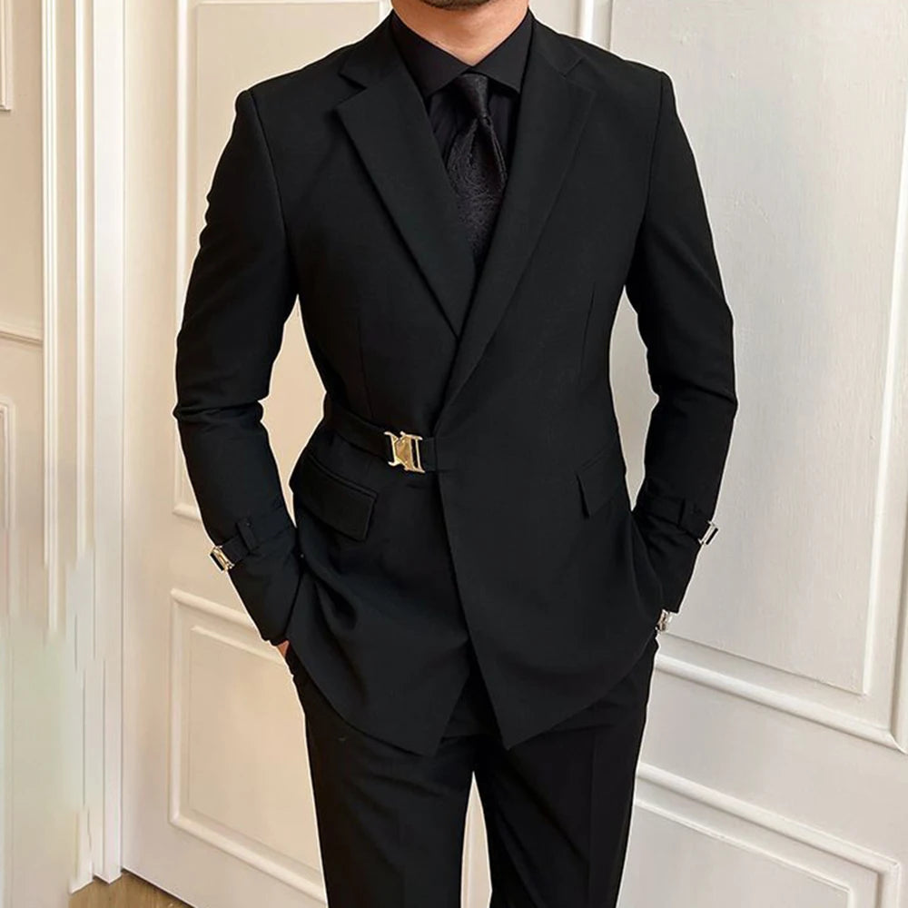 Elegant British Style Double-Breasted Black Suit Jacket for Men
