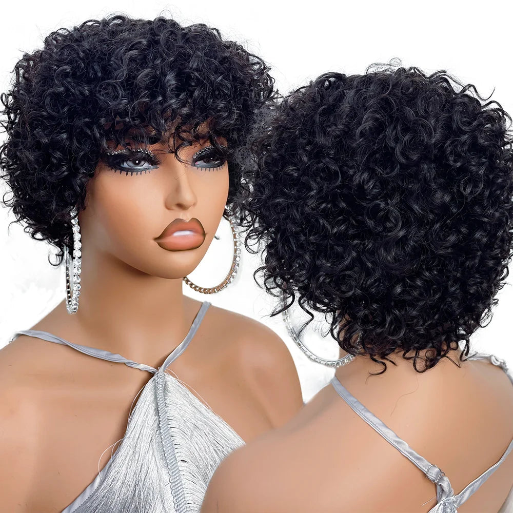 Afro Rose Pixie Cut Wig – Short Bouncy Curly Human Hair Wig with Bangs for Black Women