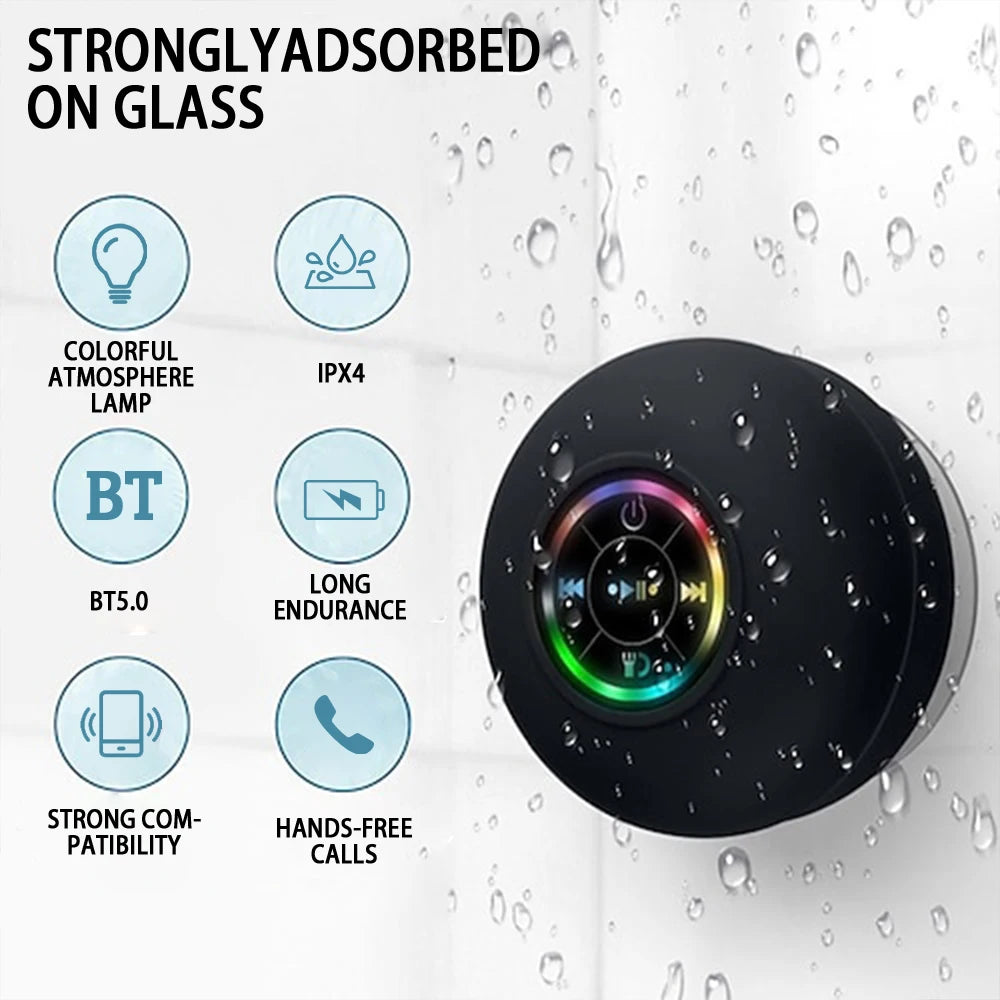 Portable Bluetooth Speaker with LED – IPX4 Waterproof, Suction Cup, Mini Outdoor Stereo