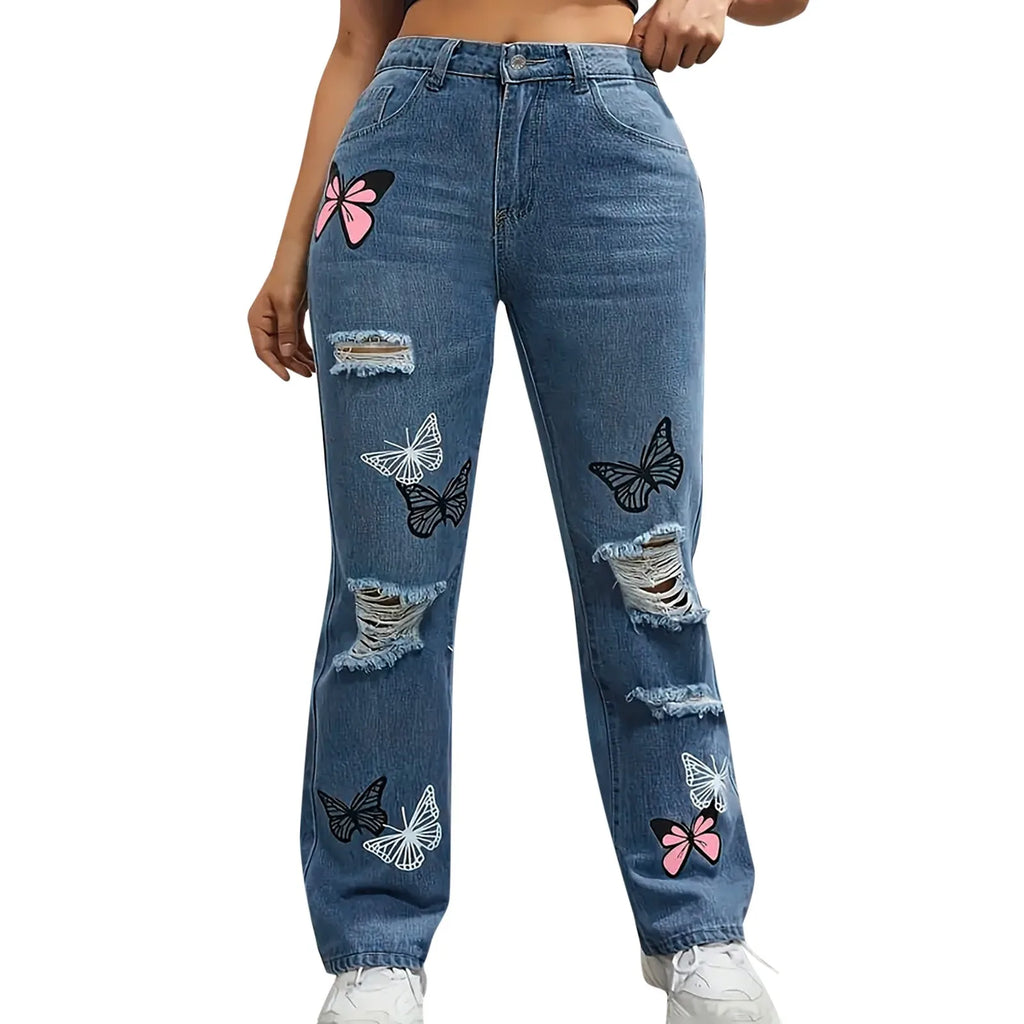 Oversized Butterfly Print Boyfriend Jeans – High Waist, Wide Leg Distressed Denim for Women