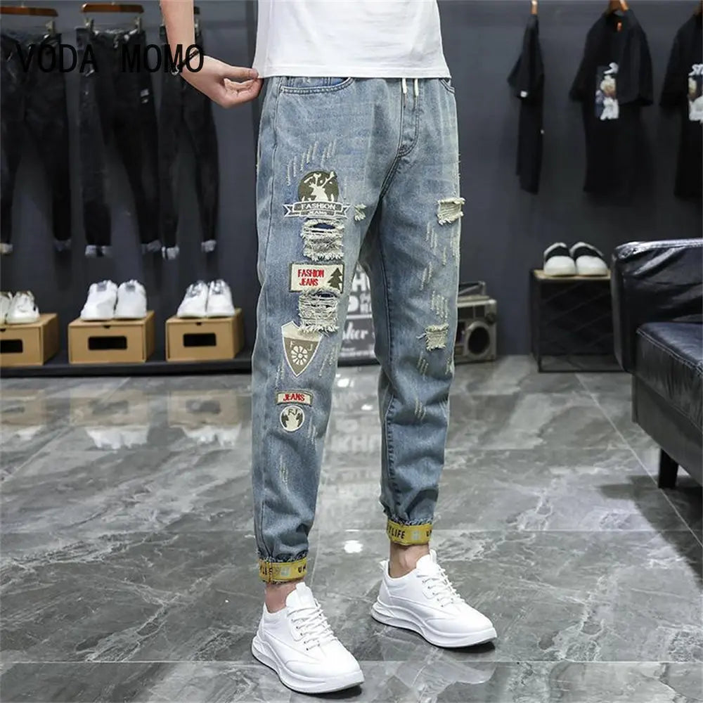 Ripped Patchwork Men's Jeans – Streetwear Biker Style Denim Trousers