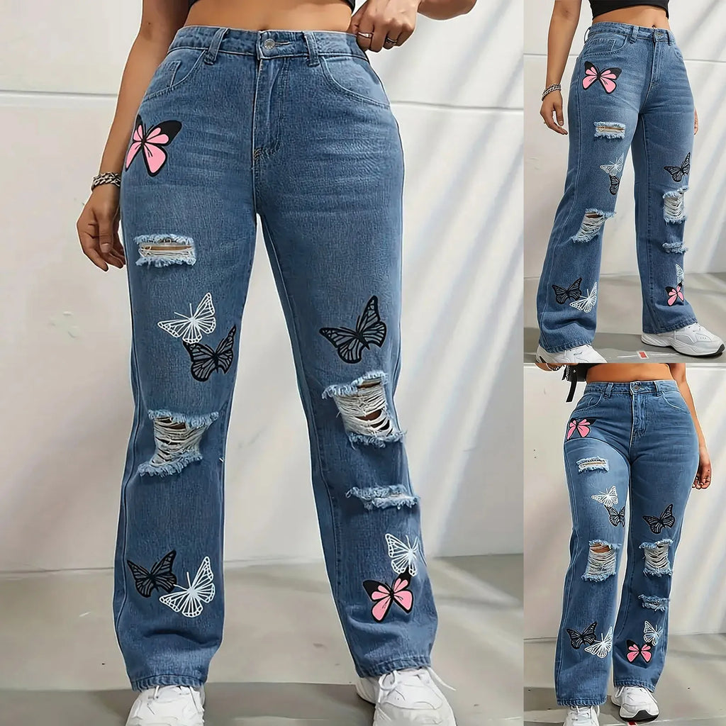 Oversized Butterfly Print Boyfriend Jeans – High Waist, Wide Leg Distressed Denim for Women